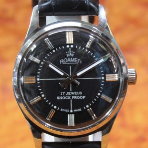 Vintage Roamer schweizisk mekanisk klocka, svart urtavla, 1980-talet