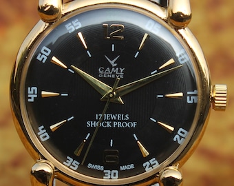 Reloj de pulsera antiguo Camy Geneva FHF ST96 de fabricación suiza, 17 joyas, mecánico de cuerda manual, esfera negra, para hombre. Envío gratuito a todo el mundo.