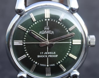 Vintage Roamer Swiss Made Wristwatch, Green Dial Hand Winding Watch