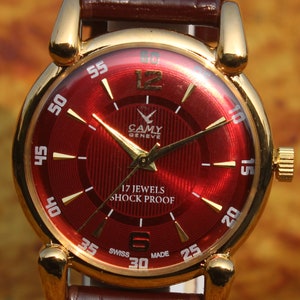 Antique Vintage 1980s Camy Geneva Swiss Made FHF ST96 17 Jewels MECHANICAL Hand Wind Red Dial Men&#39;s Wristwatch Free Shipping WorldWide
