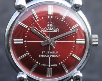 Vintage Roamer Swiss Made Wristwatch, 17 Jewels, Red Dial, 1980s