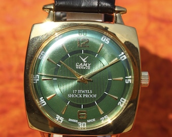 Antigüedad Vintage 1980s Camy Ginebra Swiss Made FHF ST96 17 Joyas MECÁNICO Hand Wind Green Dial Reloj de pulsera para hombres Envío gratis a todo el mundo