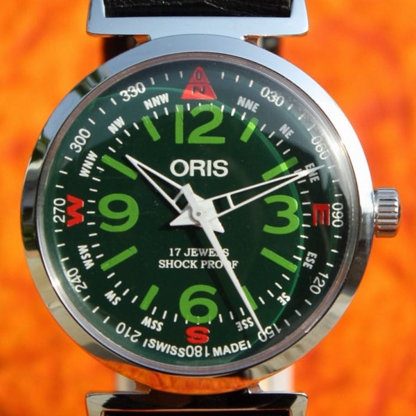 Antique Vintage FHF ST96 17 Jewels ORIS Hand Wind Mechanical Swiss Made Green Dial 1980s Wrist watch Free Shipping