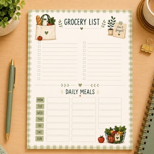 May include: A rectangular paper notepad featuring a light green gingham border. The top section is titled GROCERY LIST with checkboxes and illustrations of a tote bag and a note saying don't forget. The bottom section is titled DAILY MEALS.