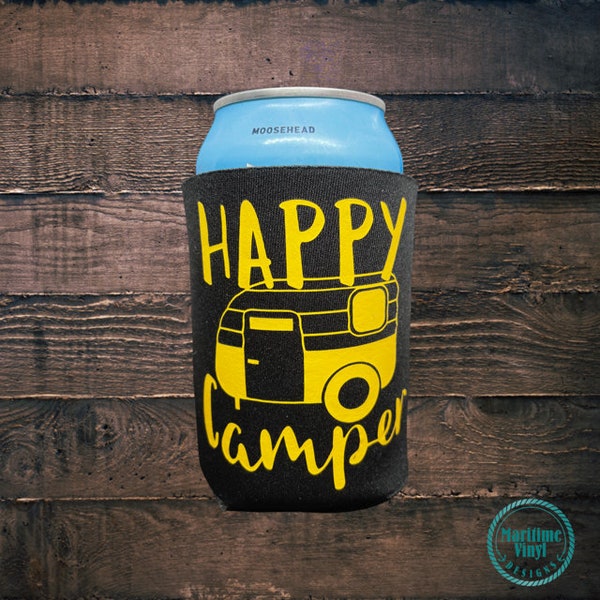 Cheerful Camper Happy Camper Beer Koozie - Outdoor Drink Holder