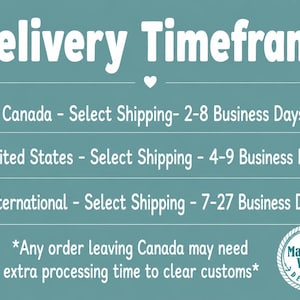 May include: A teal informational graphic with white text titled Delivery Timeframe. It lists shipping estimates for Canada, the United States, and International locations, plus a note about customs processing and a Maritime Vinyl Designs logo.