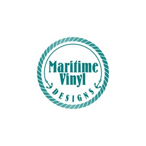 May include: A circular logo featuring a teal rope border with two small anchors on the sides. The text Maritime Vinyl is centered in the middle, with the word DESIGNS curved along the bottom edge, all presented in a matching teal color.