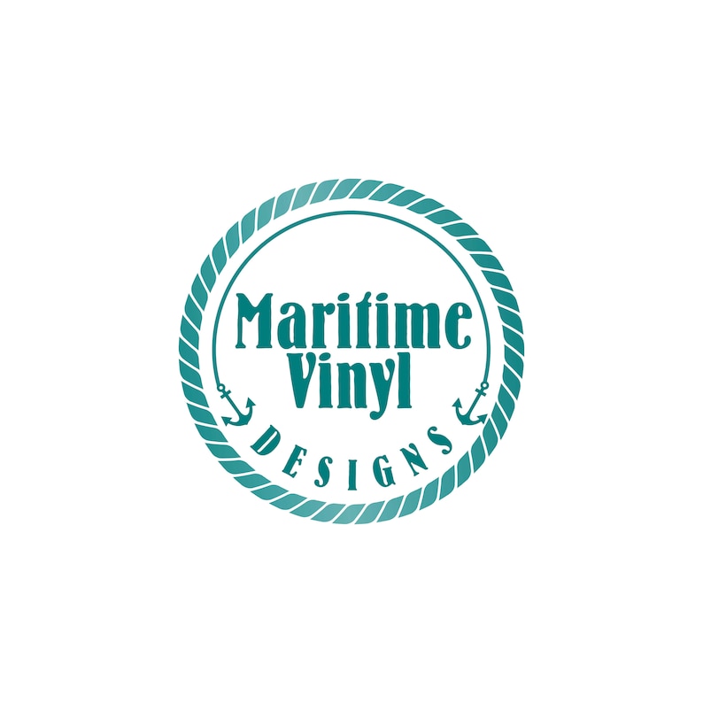 May include: A circular logo featuring a teal rope border with two small anchors on the sides. The text Maritime Vinyl is centered in the middle, with the word DESIGNS curved along the bottom edge, all presented in a matching teal color.