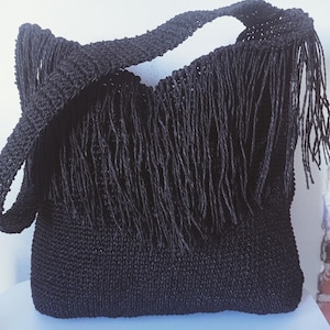 Black Paper Yarn Knitted Tassel Women&#39;s Handbag, Crochet Single Shoulder Strap Women&#39;s Bag, Hand Knitted Stylish Gift Bag,Fringe Bag