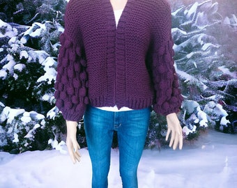 Cardigan en maille de laine à bulles pour femme, veste aviateur, cardigan épais, pull, cardigan violet taille unique