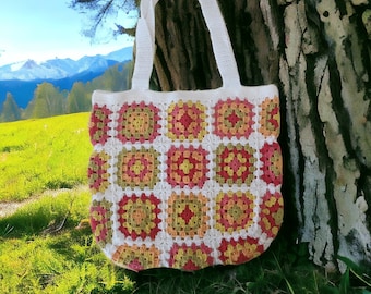 Granny Square Bag,Homemade Bag,Crochet Tote Bag,Knit Patchwork Bag,Crochet Purse Flower,Daisy Bag,Floral Bag for Storage,Colorful Summer Bag
