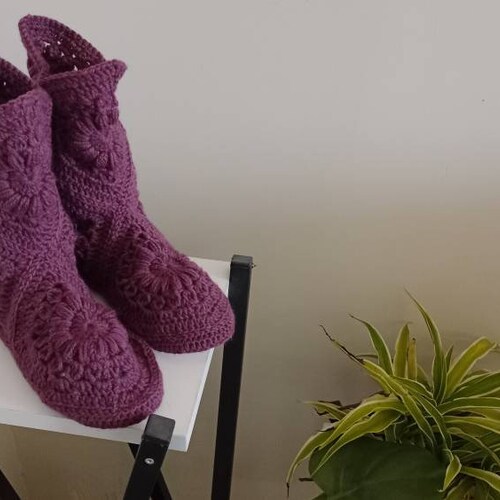 Crochet purple house boots, house shoes, non-slip sole shops booties, winter boots