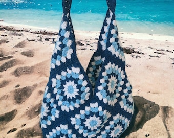 Hand Knitted Evil Eye Granny Square Motif Shoulder Bag,Crocheted Large Blue White Bag,Vintage Bag,Festival Retro Style Bag