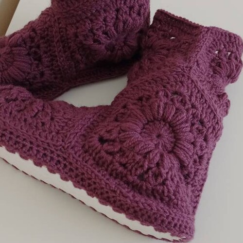 Crochet purple house boots, house shoes, non-slip sole shops booties, winter boots