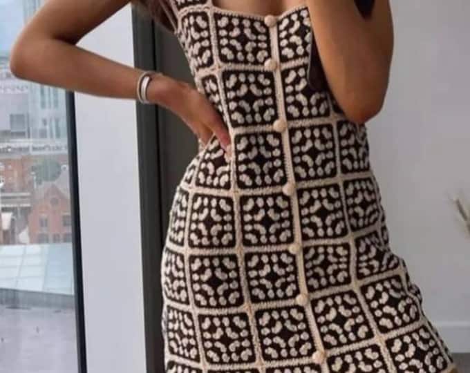 Handmade Crochet Mini Dress, Granny Square Patchwork, Boho Hippie Style