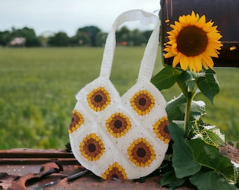 Granny Square Crochet Bag/Hand Knitted Afghan Bag/Crochet Shoulder Granny Bag/Sunflower Festival Tote Bag/Crochet Purse/Hippie Bag