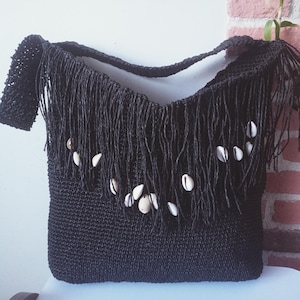 Black Paper Yarn Knitted Tassel Women&#39;s Handbag, Crochet Single Shoulder Strap Women&#39;s Bag, Hand Knitted Stylish Gift Bag,Fringe Bag