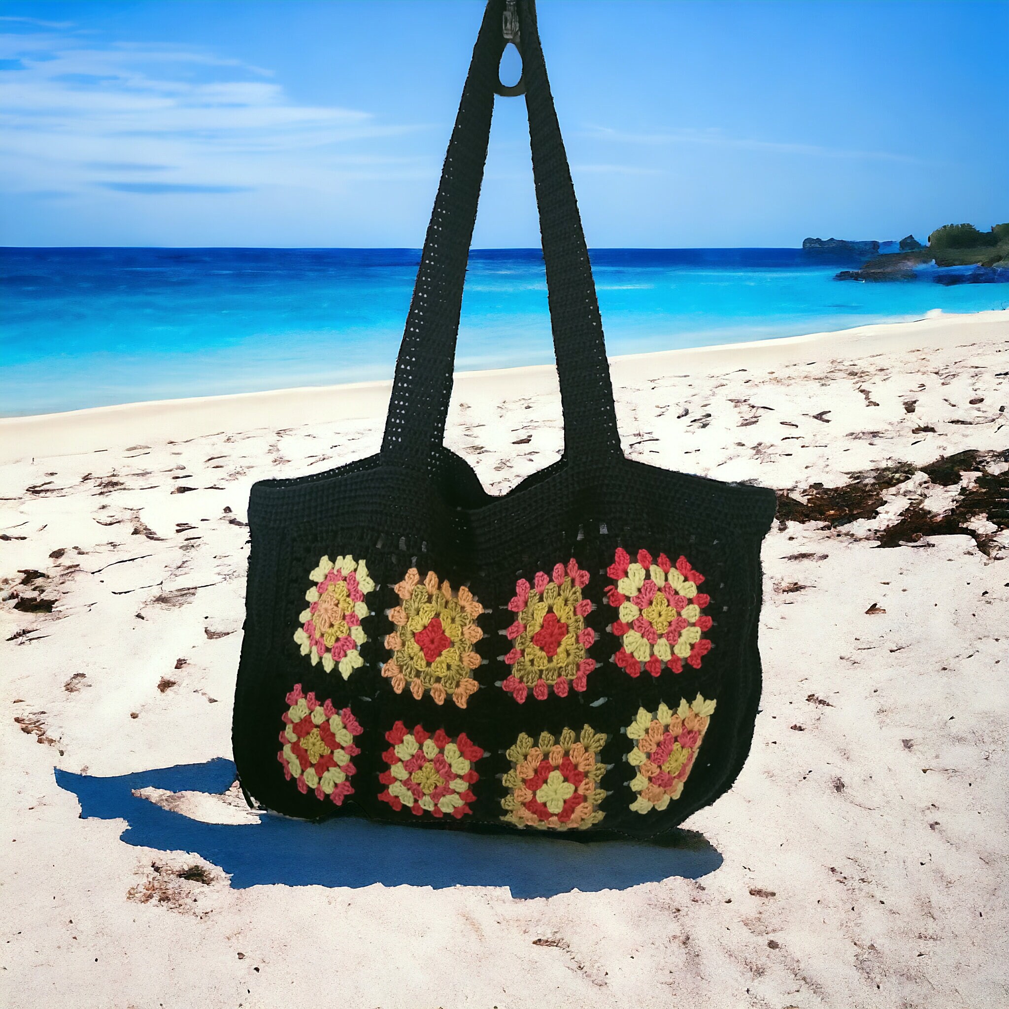 Colorful Granny Square Crochet Bag for Women,Festival Ready Hippie Tote Bag,Vintage Style Boho Crochet Bag,Colorful Boho Crochet Purse