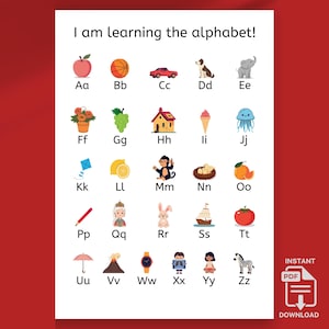 May include: A colorful educational poster titled "I am learning the alphabet!" features illustrations for each letter. Images include an apple, basketball, car, dog, elephant, flowers, grapes, house, ice cream, and a jellyfish.