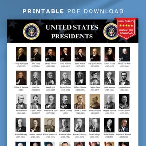 Tabla imprimible en PDF de los presidentes de Estados Unidos – Descarga digital instantánea – Arte mural para el aula – Decoración para la educación en casa – PDF de los presidentes de EE. UU.