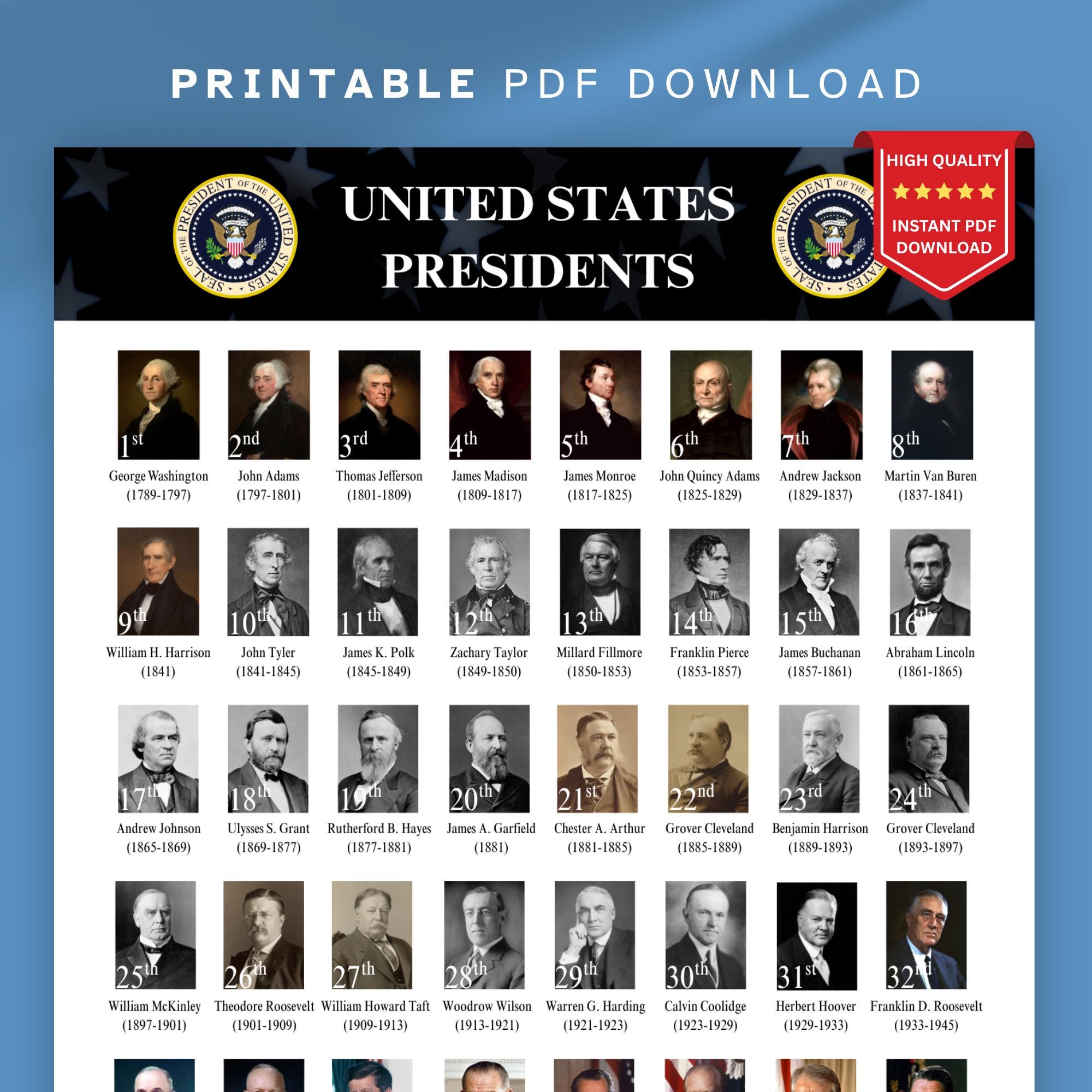 us presidents chart: classroom homeschool wall art (printable pdf