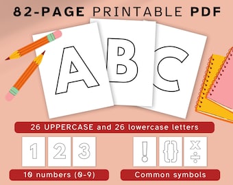 May include: Printable PDF with letters, numbers, and symbols. The image shows the letters A, B, and C, along with the numbers 1, 2, and 3, and common symbols. Includes 26 uppercase and 26 lowercase letters. Available in US Letter and A4 sizes.