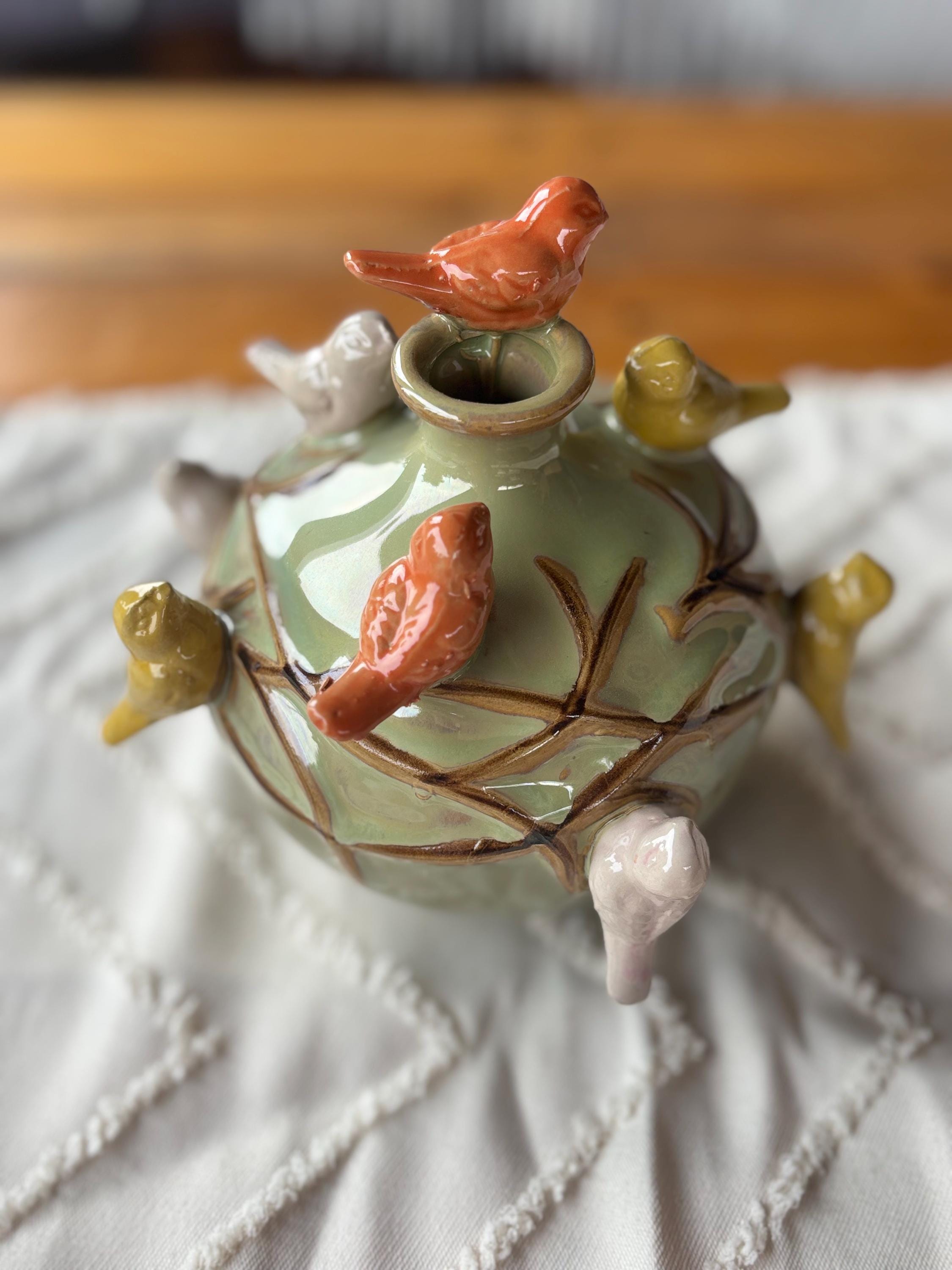 Vase | Ceramic | Colorful | Birds | Home Decor | Handmade Dried Flower Arrangement in a Ceramic Vase With Birds – Spring Decoration