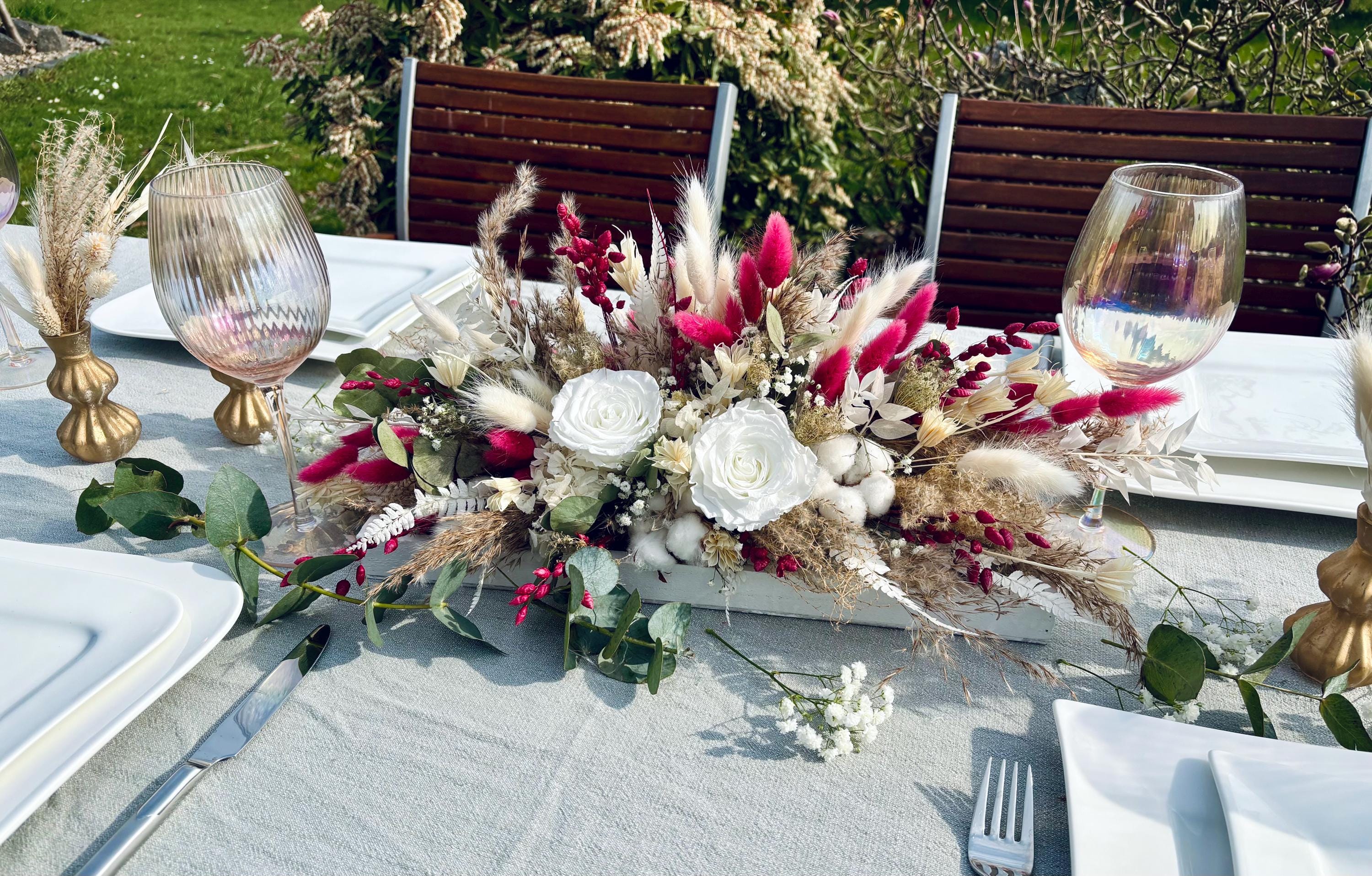 Trockengesteck | Gesteck | Trockenblumen | Tischschmuck | Hochzeit | Hochzeitsblumen | Hochzeitsdeko