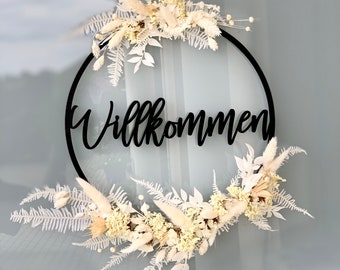 Holzschild | Willkommen | Flowerhoop | Trockenblumen | Spruch | Türkranz | Türdeko | Kranz | Holzhoop | Boho | Türschild