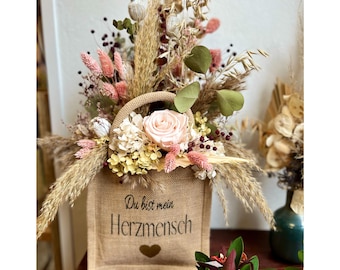 Tasche mit Trockenblumen / Herzmensch / Geschenk / Hochzeit / Jutetasche / Muttertag / Valentinstag