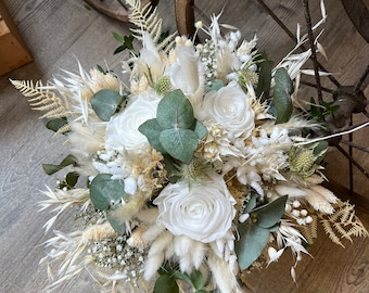 Ensemble bouquet de fleurs séchées / épingle pour hommes / couronne de cheveux / roses bouquet de mariée fleurs séchées mariage boho / blanc, vert / eucalyptus