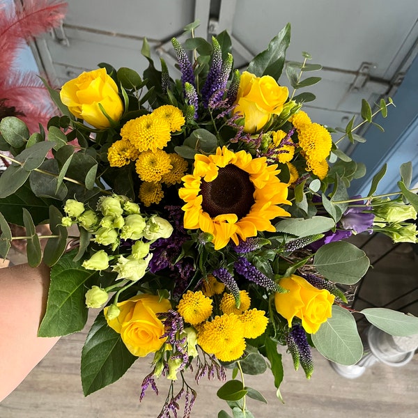 Fresh bouquet of flowers | Sunflower | roses | blue | gerberas | white | yellow | eucalyptus