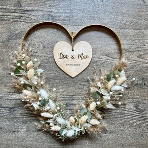 Metal heart with dried flowers to hang with wooden heart and saying | personalized