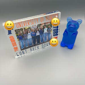 May include: A clear acrylic photo frame with a picture of a group of people in front of a building. The frame has a blue and orange border with the text "University of Florida Gators" and "The Swamp" on the left side and "Won't Back Down" on the bottom. There are smiling emojis on the border. A blue gummy bear is sitting to the right of the frame.