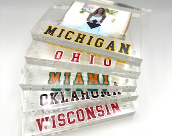 College gift, graduation gift, picture frame, personalized gift, roommate gift, Acrylic magnetic frame, school name, and year