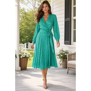 emerald green floral pleated midi dress Jacquard Long COUNT-40