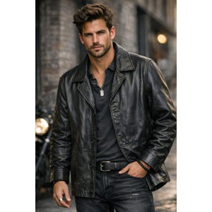 May include: Black leather jacket with a collared neckline and button closure. The jacket is worn over a dark gray shirt and paired with black jeans. A black belt and a silver necklace complete the look. The jacket has a classic, rugged style.
