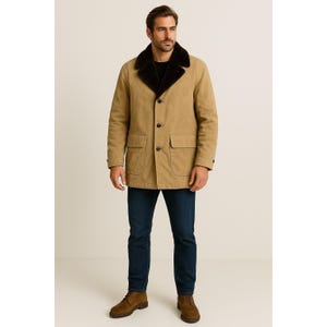 Chaqueta larga de pana vintage Sears The Mens Store para hombre, talla 42R, color tostado, con cuello de piel sintética
