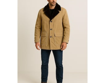 Vintage Sears The Mens Store Cord Lange Jacke Herren 42R Tan Kunstpelzkragen