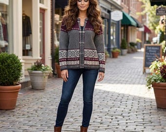 Susan Bristol Cardigan Womens L Burgundy Nordic Wool Dark Academia Cottagecore