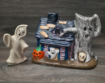 Decoração de cerâmica com caveira Jack o Lanterna fantasma de Halloween da VTG Russ