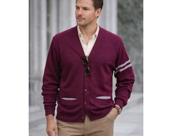 Vintage Cardigan Men M Burgundy Wool Letterman Sweater Varsity Academia Vintage