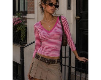 Y2K Hollister Top Womens S Pink Striped Preppy Coastal Coquette 2010s babydoll