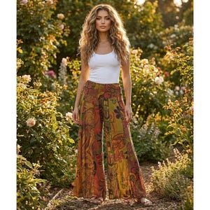 Boho Bell Bottom Palazzo Pants Women's 32" Waist OS Patchwork Wide Leg Hippie