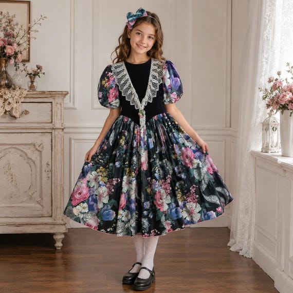 Daisy Kingdom Dress Girls 10 Black Floral Velvet Lace Cottagecore Whimsigoth