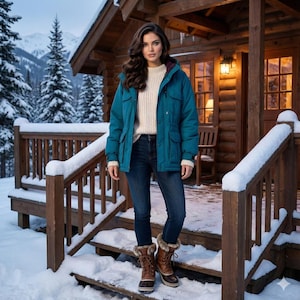 May include: A woman wearing a teal winter jacket, a cream-colored sweater, and dark blue jeans stands on snow-covered wooden steps. She is also wearing brown winter boots with fur trim. The background features a log cabin and snow-covered trees.