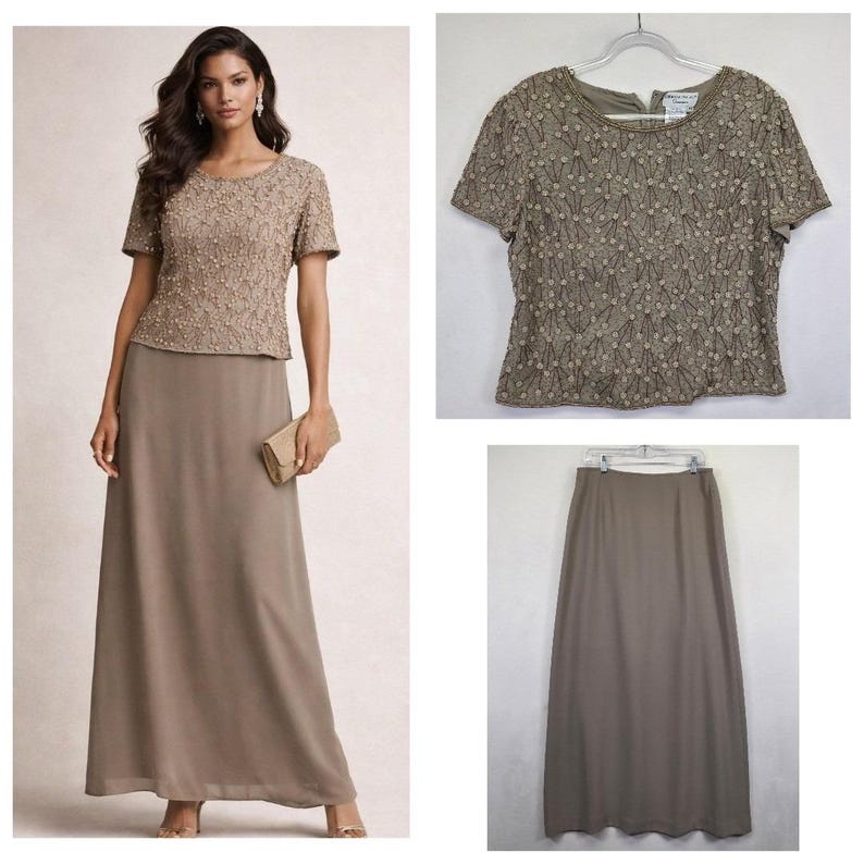 Conjunto de vestido de dos piezas Adrianna Papell para mujer, 14, seda, cuentas, vintage, estilo art déco formal imagen 20