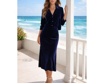 Kathie Lee Velvet Skirt Set Womens L Navy Blue Minimalist Skirt Top 2 Pc Outfit