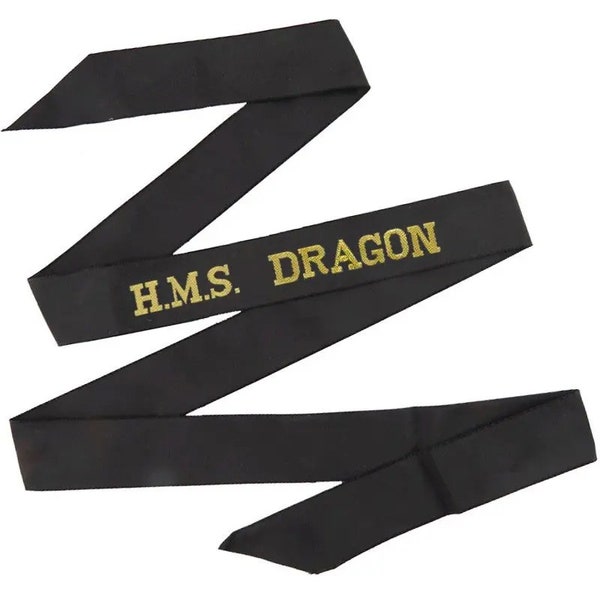HMS Dragon Woven Royal Navy Cap Tally Band / Black and Gold Genuine Issue Cinta de longitud completa