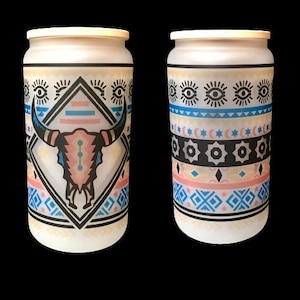 Bull Skull with Aztec Glass Can Tumbler, Gift for Her